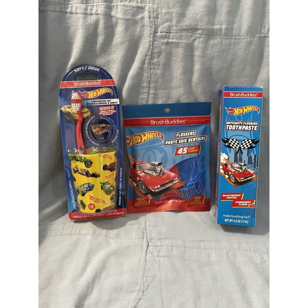 NEW Kid's Hot Wheels Brush Buddies Toothbrush Cup‎ Flossers Tooth Paste & Cap